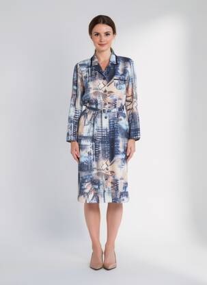 Robe mi-longue imprimé fantaisie manches longues bleu GUY DUBOUIS femme