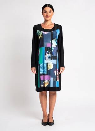 Robe mi-longue imprimé fantaisie manches longues noir JUMFIL femme