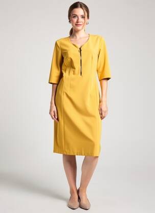 Robe mi-longue fermeture zippée au dos manches courtes jaune JUMFIL femme