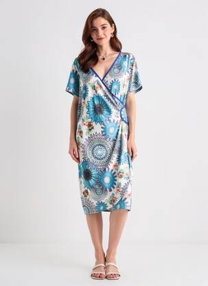 Robe mi-longue imprimé fleurs manches courtes bleu JUMFIL femme