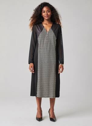 Robe mi-longue imprimé fantaisie manches longues noir JUMFIL femme