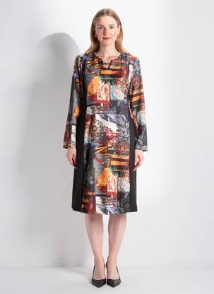 Robe mi-longue imprimé fantaisie manches longues noir JUMFIL femme