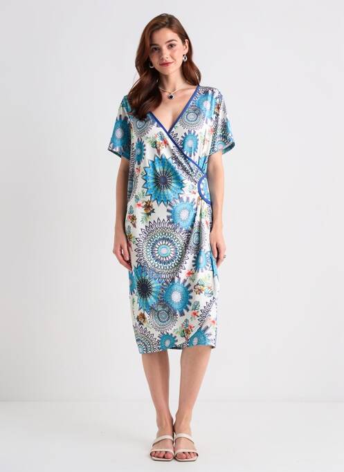 Robe mi-longue imprimé fleurs manches courtes bleu JUMFIL femme