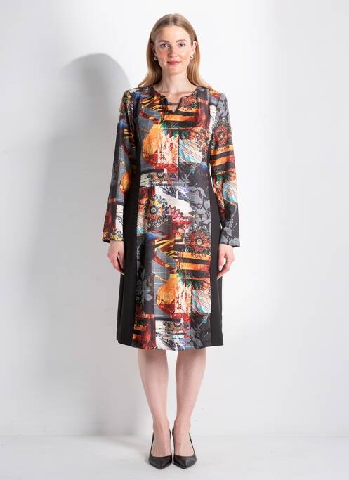 Robe mi-longue imprimé fantaisie manches longues noir JUMFIL femme