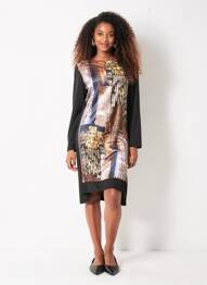 Robe mi-longue imprimé fantaisie manches longues noir JUMFIL femme