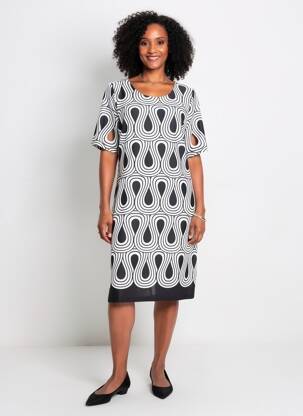 Robe mi-longue imprimé fantaisie manches courtes noir GUY DUBOUIS femme