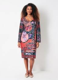 Robe mi-longue imprimé fantaisie manches longues rouge EROKE femme