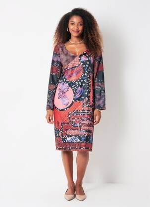 Robe mi-longue imprimé fantaisie manches longues rouge EROKE femme