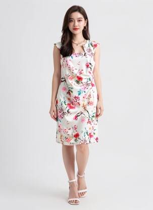 Robe mi-longue imprimé fleurs manches courtes rouge QUATTRO femme