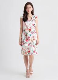 Robe mi-longue imprimé fleurs manches courtes rouge QUATTRO femme