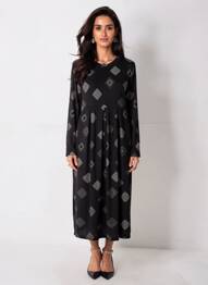 Robe mi-longue imprimé fantaisie manches longues noir MASAI femme