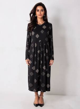 Robe mi-longue imprimé fantaisie manches longues noir MASAI femme