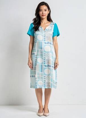 Robe mi-longue tissage crêpe manches courtes bleu QUATTRO femme