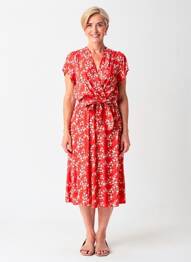 Robe mi-longue imprimé fleurs manches courtes rouge QUATTRO femme