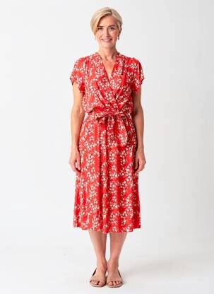 Robe mi-longue imprimé fleurs manches courtes rouge QUATTRO femme
