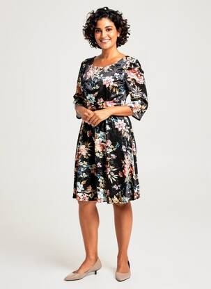 Robe mi-longue imprimé fleurs manches 3/4 noir QUATTRO femme
