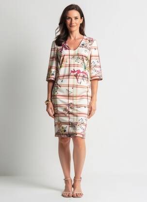 Robe mi-longue imprimé fleurs manches 3/4 beige QUATTRO femme