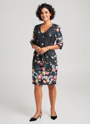 Robe mi-longue imprimé fleurs manches 3/4 noir QUATTRO femme
