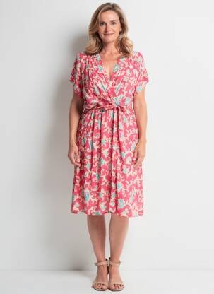 Robe mi-longue imprimé fleurs manches courtes rouge QUATTRO femme