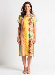 Robe mi-longue imprimé fleurs manches courtes jaune QUATTRO femme