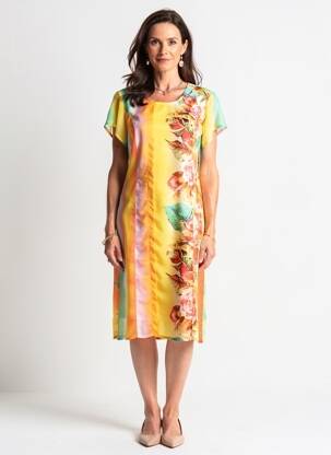 Robe mi-longue imprimé fleurs manches courtes jaune QUATTRO femme