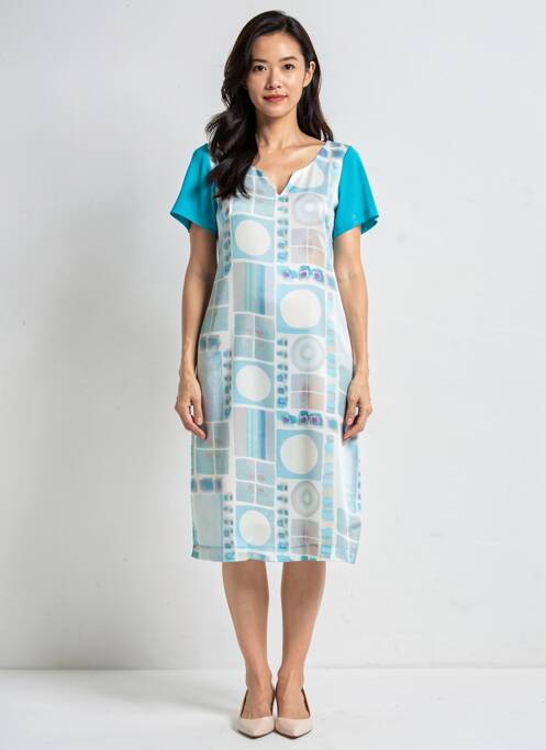 Robe mi-longue tissage crêpe manches courtes bleu QUATTRO femme