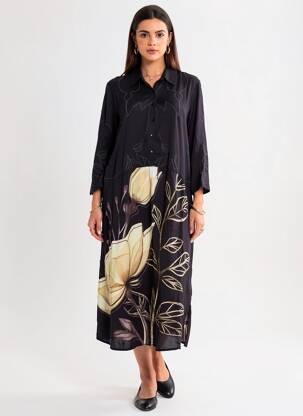 Robe mi-longue imprimé fleurs manches 3/4 noir NÜ femme