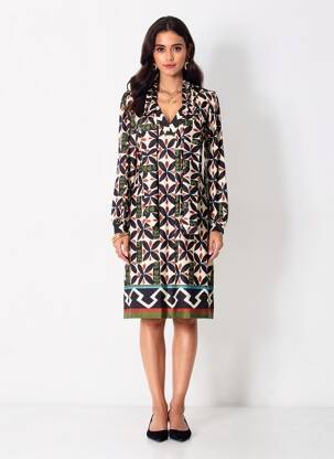 Robe mi-longue imprimé fleurs manches longues noir K-DESIGN femme