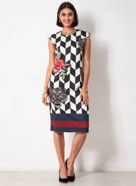Robe mi-longue fermeture zippée au dos manches courtes noir QUATTRO femme