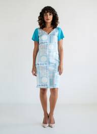 Robe mi-longue tissage crêpe manches courtes bleu QUATTRO femme