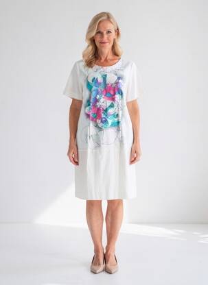 Robe mi-longue imprimé fleurs manches courtes beige QUATTRO femme