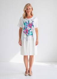 Robe mi-longue imprimé fleurs manches courtes beige QUATTRO femme