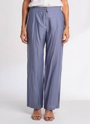 Pantalon droit fermeture zippée sous rabat boutonné bleu QUATTRO femme