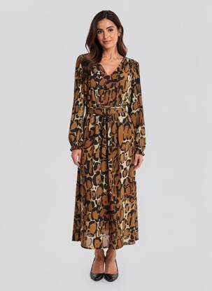 Robe mi-longue tissage crêpe manches longues marron SIGNE NATURE femme