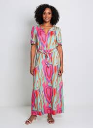 Robe longue imprimé fantaisie manches courtes rose K-DESIGN femme