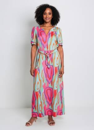 Robe longue imprimé fantaisie manches courtes rose K-DESIGN femme