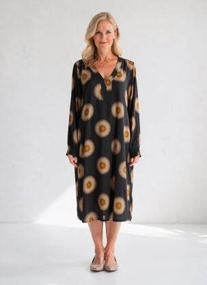 Robe mi-longue imprimé fantaisie manches longues noir SIGNE NATURE femme