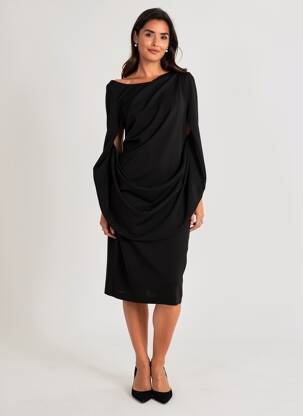 Robe mi-longue tissage crêpe manches longues noir VERA MONT femme