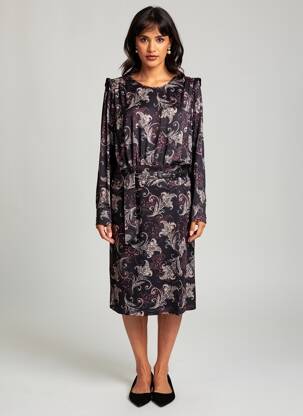 Robe mi-longue imprimé fantaisie manches longues noir K-DESIGN femme