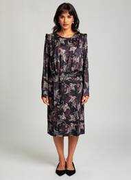 Robe mi-longue imprimé fantaisie manches longues noir K-DESIGN femme