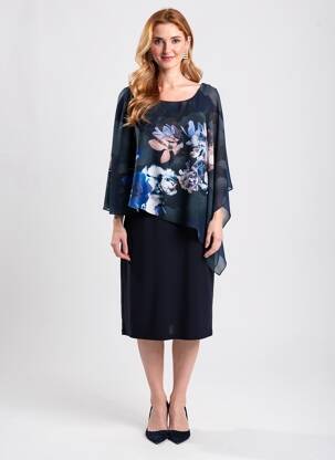 Robe mi-longue imprimé fleurs manches 3/4 bleu VERA MONT femme
