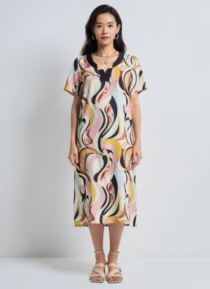 Robe mi-longue imprimé fantaisie manches courtes beige GREGORY PAT femme