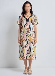 Robe mi-longue imprimé fantaisie manches courtes beige GREGORY PAT femme