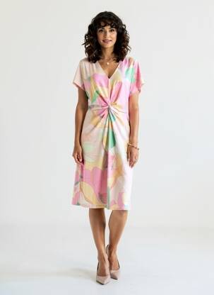 Robe mi-longue imprimé fleurs manches courtes rose K-DESIGN femme