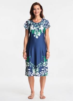 Robe mi-longue imprimé fleurs manches courtes bleu GREGORY PAT femme