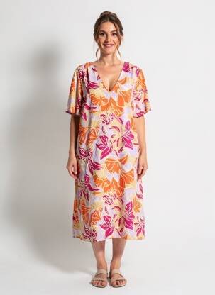 Robe mi-longue coupe fluide manches courtes violet SIGNE NATURE femme