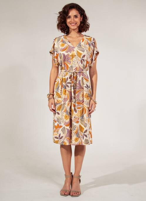 Robe mi-longue tissage crêpe manches courtes beige DIANE LAURY femme