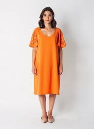 Robe mi-longue tissage crêpe manches courtes orange LOLITAS&L femme