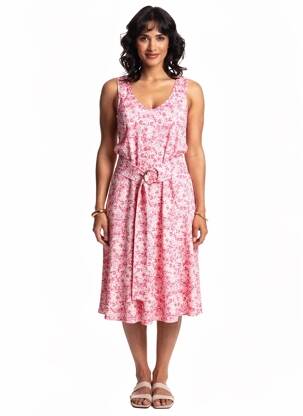 Robe mi-longue imprimé fleurs sans manche rose K-DESIGN femme
