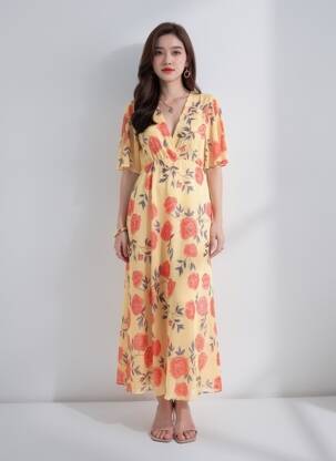 Robe longue manches courtes manches courtes jaune RELISH femme